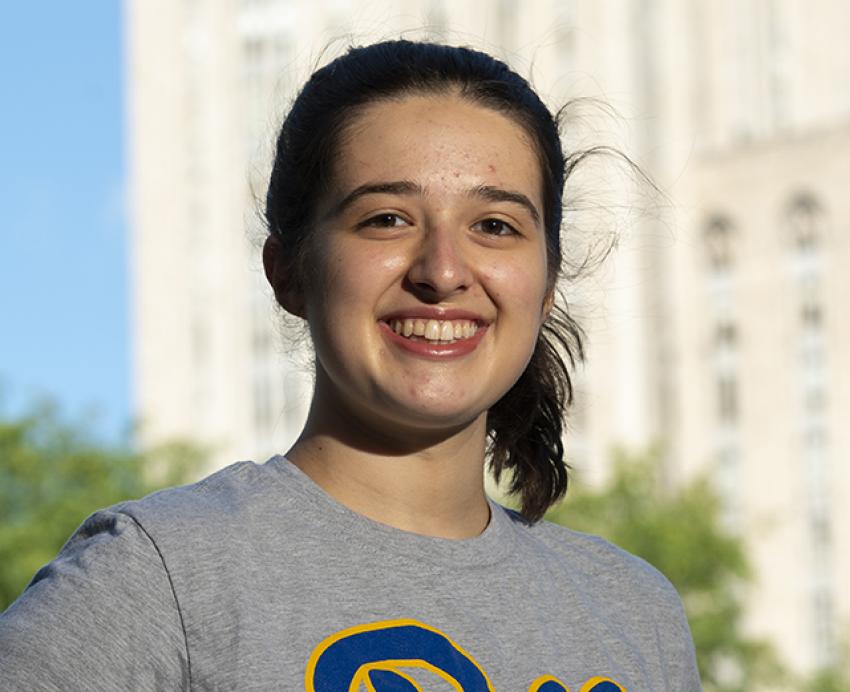 Catherine Cavanaugh wearing grey Pitt shirt
