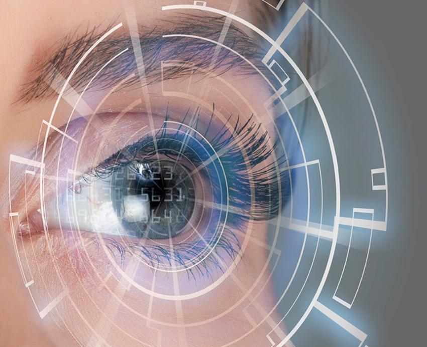 A depiction of an eye with a rendered graphic interface over it