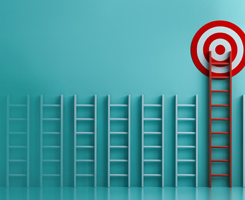 Blue ladders against blue wall, one red ladder leading up to target