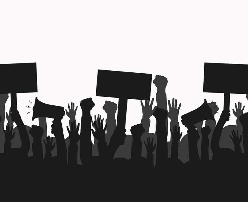 Graphic showing dark silhouettes of protesters in front of white background