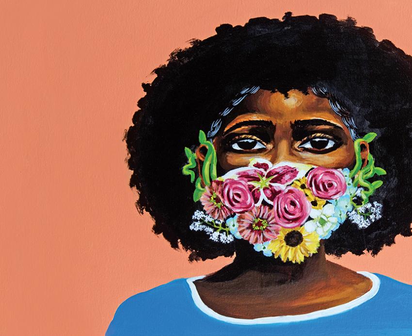 Illustration of woman with flowers covering her mouth
