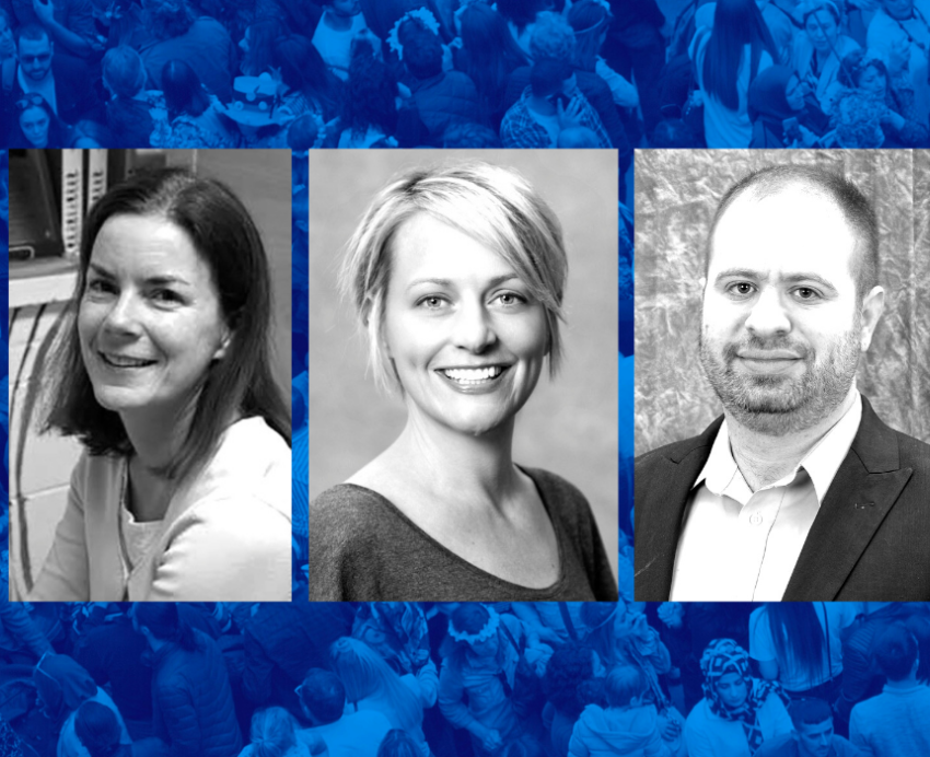 The inaugural Social Justice Faculty Fellows portraits in front of blue background
