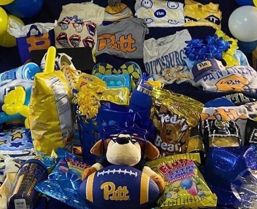 Pile of Pitt decorations and merchandise