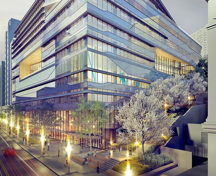 a rendering of a shiny building with many windows in mid-campus