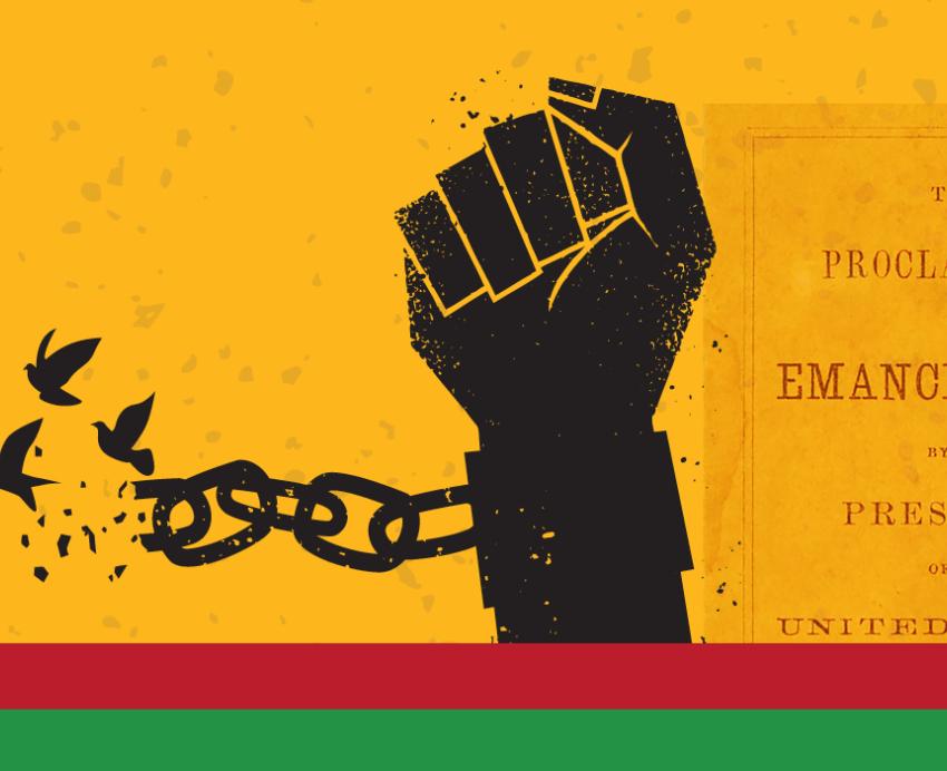 an illustration of a fist breaking through chains