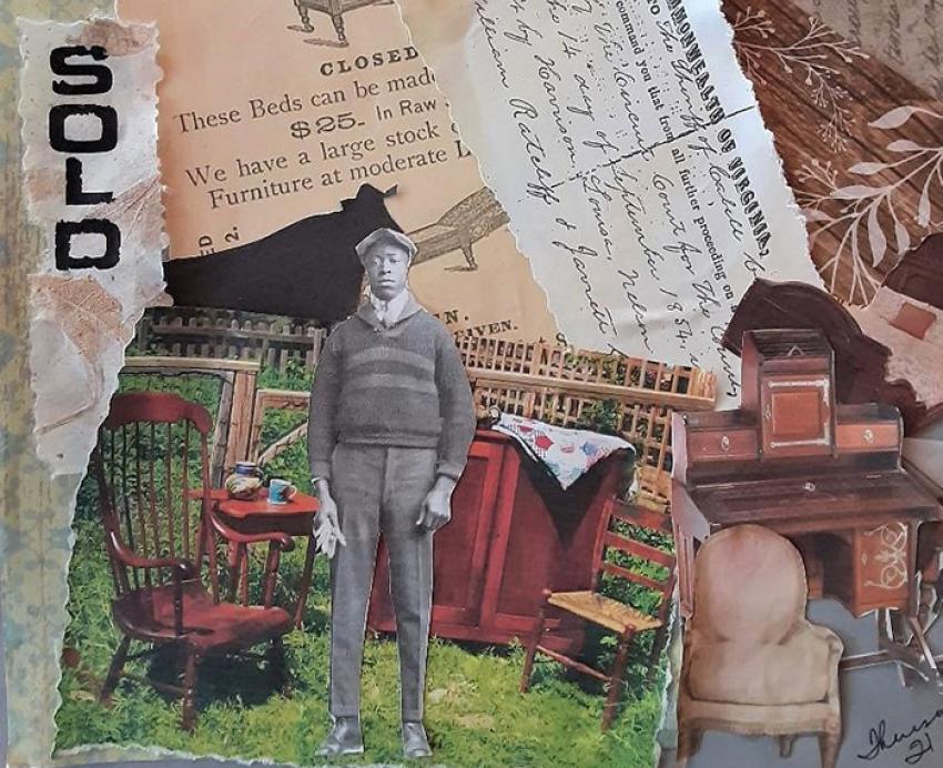 a collage of notes, furniture imagery and a Black man