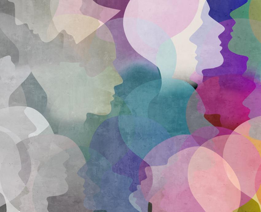 an illustration of gray-colored faces turning to rainbow faces