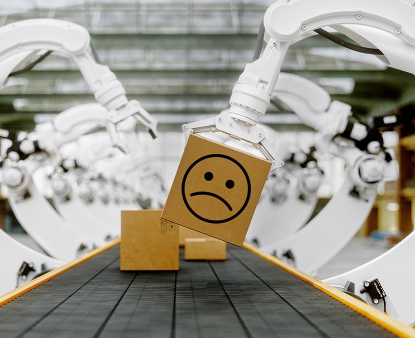 robots on an assembly line picking up a box with a frowny face on it