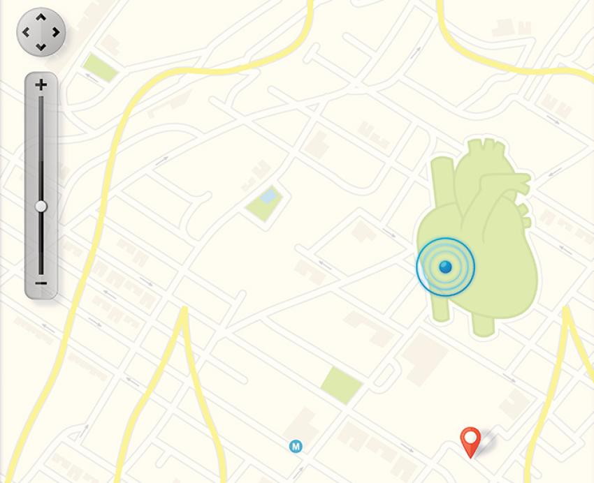 an outline of a body and heart overlaid on a map