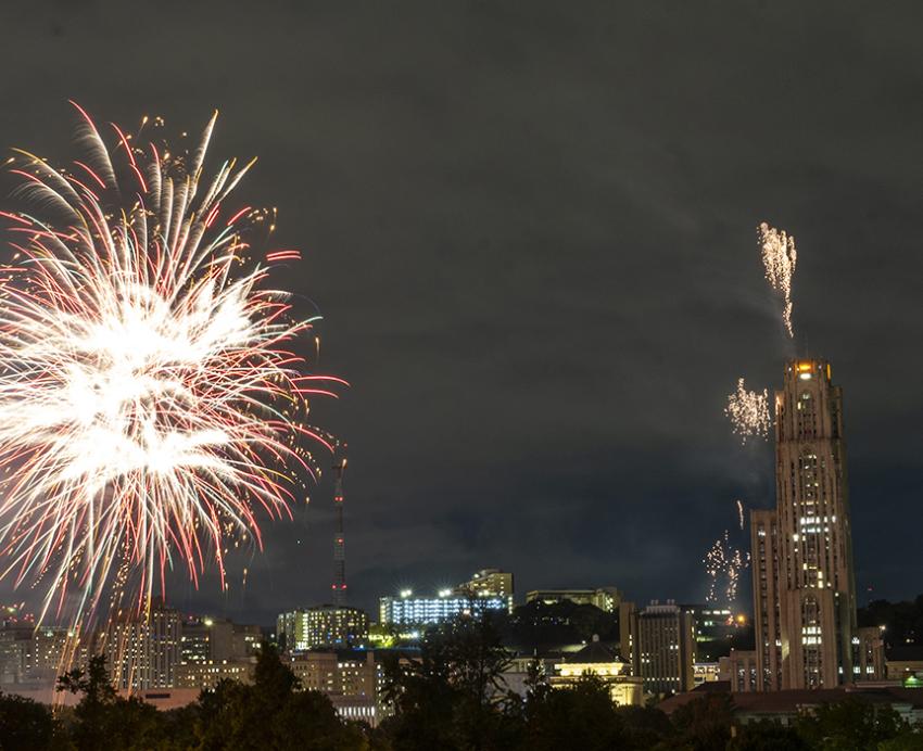 Fireworks over the University of Pittsburgh campus.