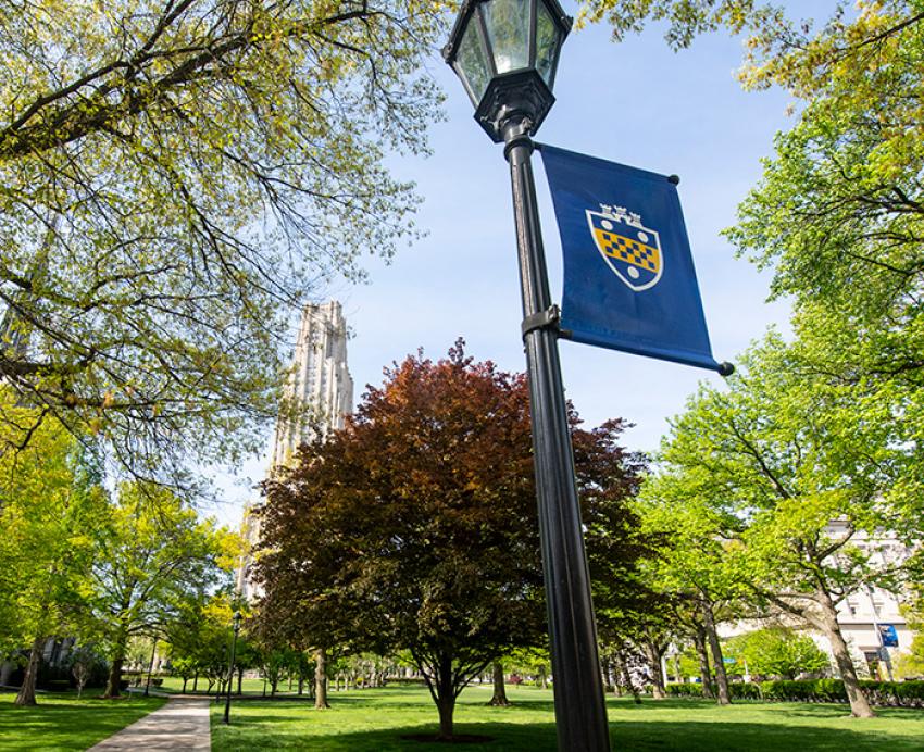 A Pitt shield banner on a lamppost outside
