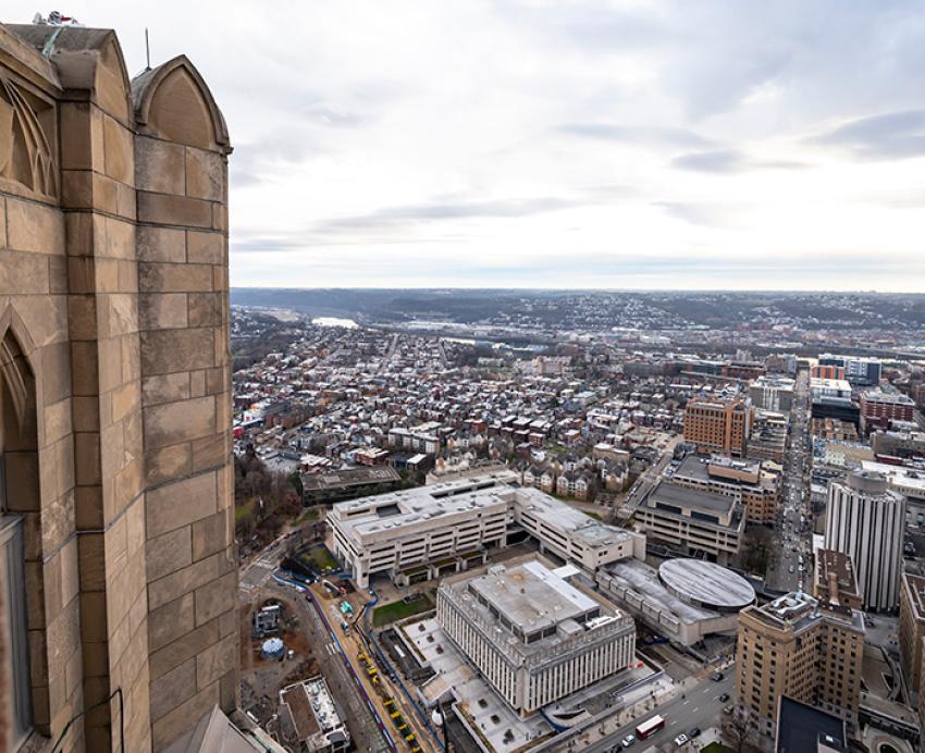 A view of the Oakland neighborhood and Pitt's campus from the Cathedral of Learning balcony