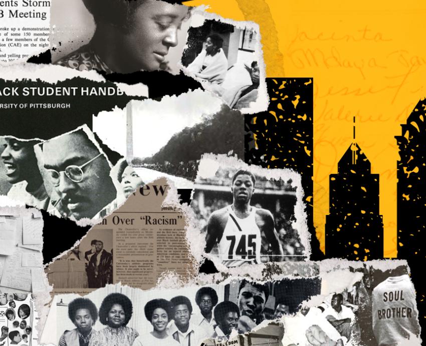 An illustration of archival documents and a Pittsburgh skyline against a yellow background