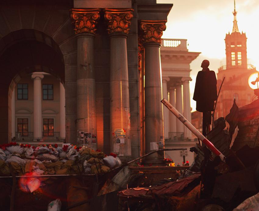 A person stands in the wreckage of a city