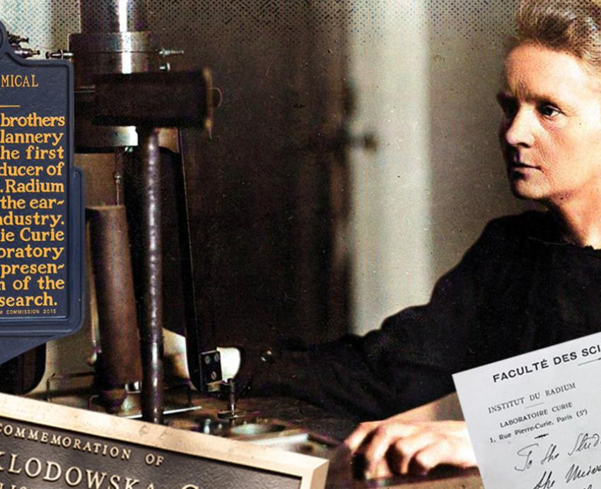 A photo illustration of Marie Curie and plaques