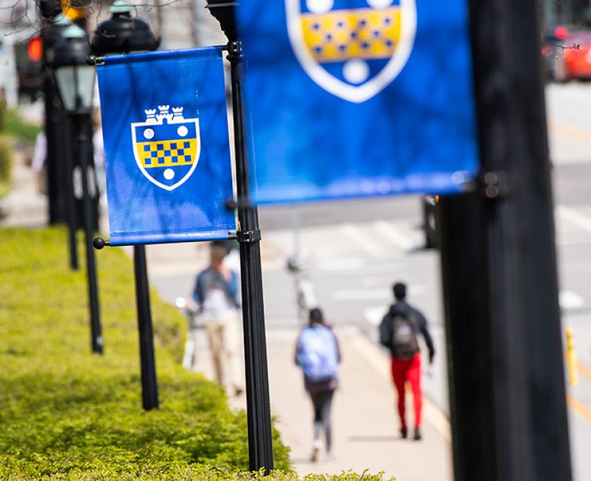 Blue Pitt flags hang on poles beside a sidewalk