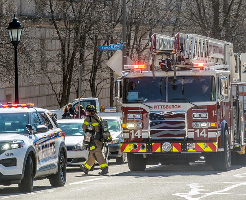 A firetruck with lights on