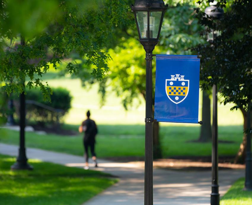 A blue flag with a Pitt shield on a black lamppost