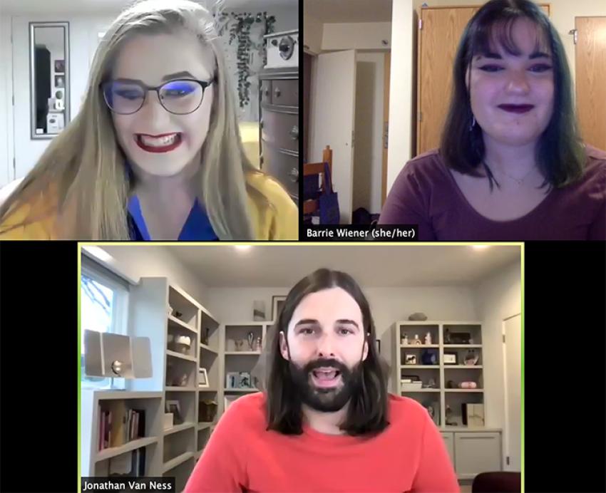 Three people, including Jonathan van Ness, on a Zoom call