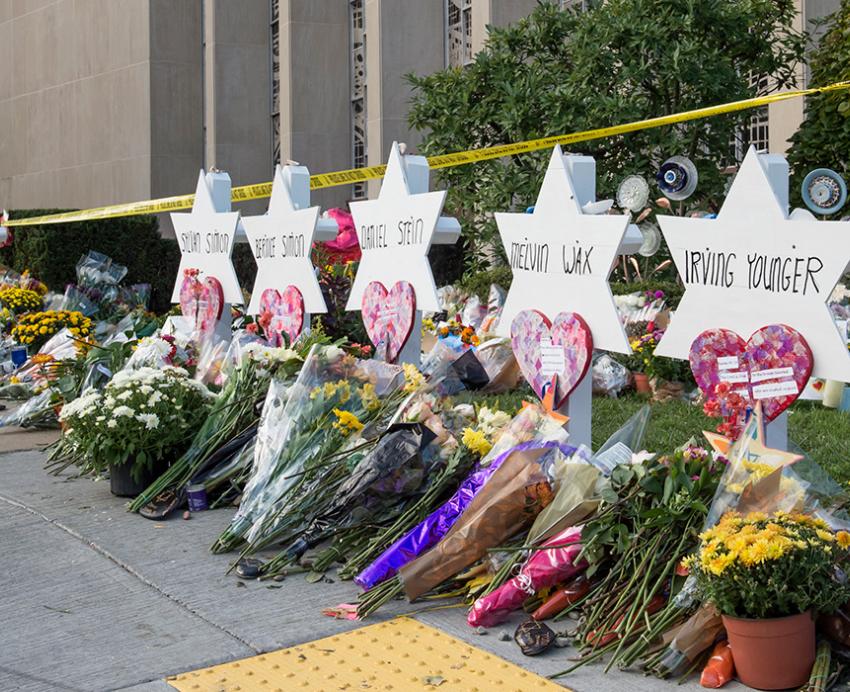 Star-shaped memorials outside the Tree of Life synagogue