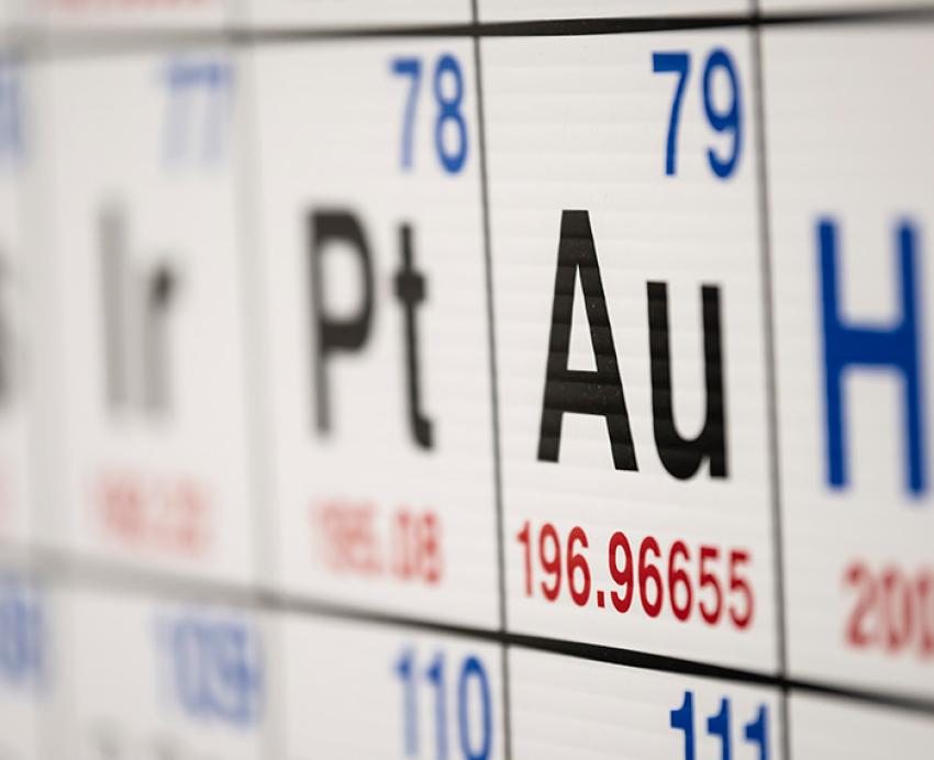 A close-up shot of gold on the periodic table