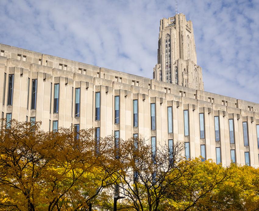 The top of the Cathedral is visible behind Hillman Library