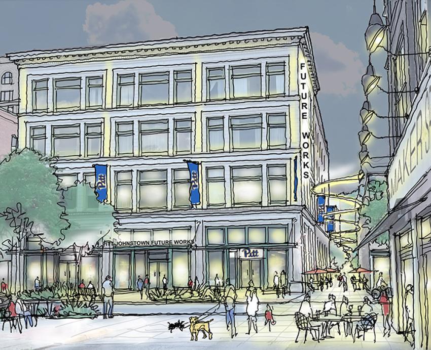 An illustration of the Future Works building