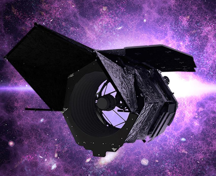 A visualization of the Nancy Grace Roman telescope moving through purple space
