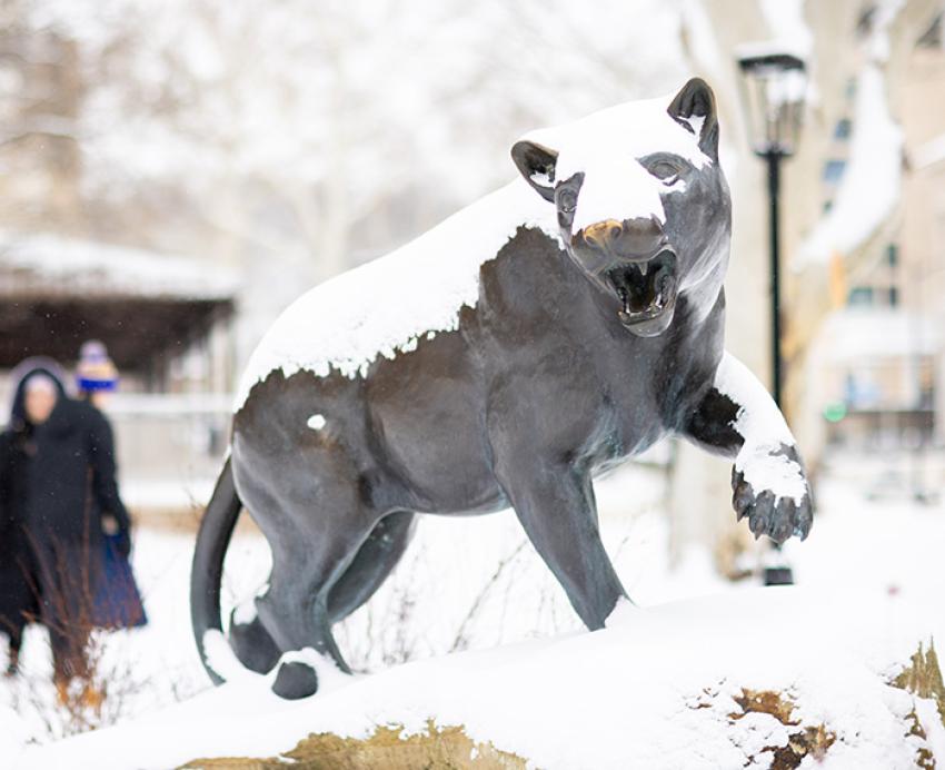 A snow-covered panther statue