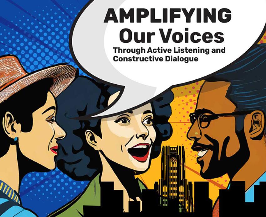 A speech bubble over three cartoon faces talking reads Amplifying Our Voices Through Active Listening and Constructive Dialogue