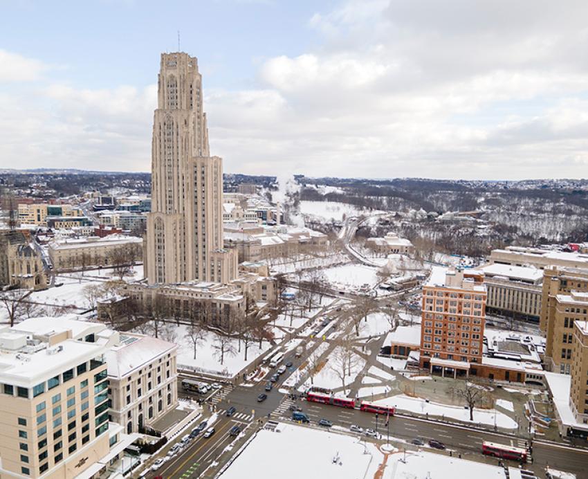 The University of Pittsburgh campus on a snowy day