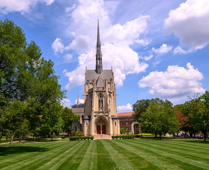 Heinz Memorial Chapel, seen across a freshly mowed lawn