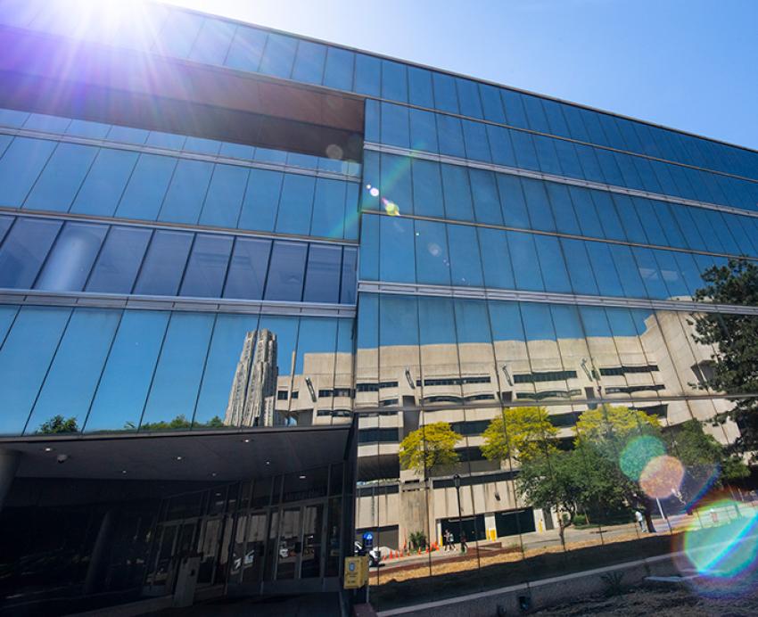 Glass panels on the side of Mervis Hall