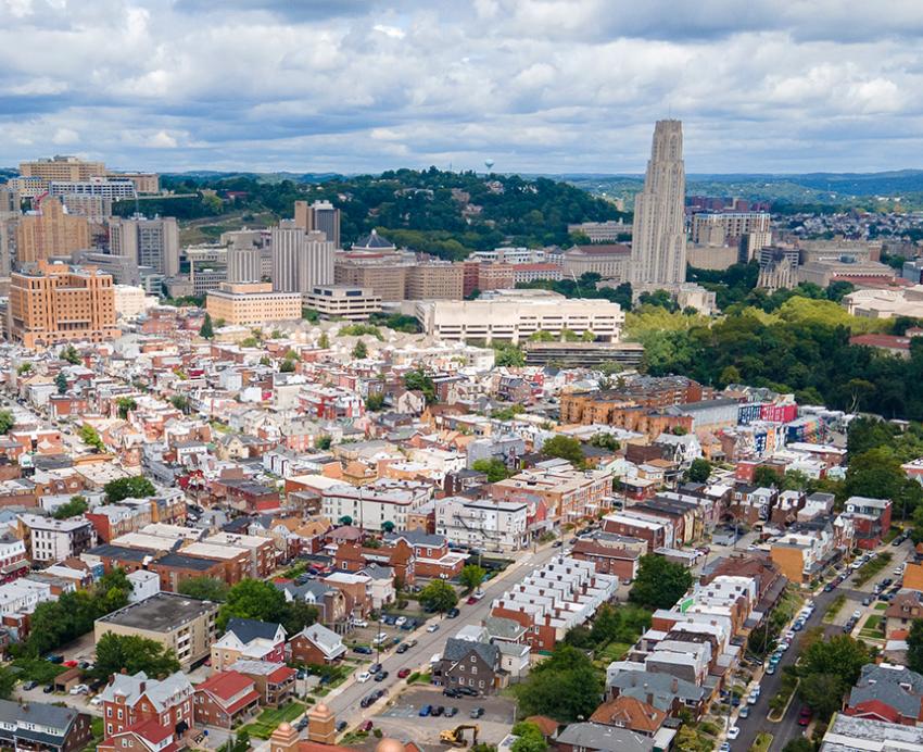 A drone shot of Pittsburgh's South Oakland and Hazelwood neighborhoods