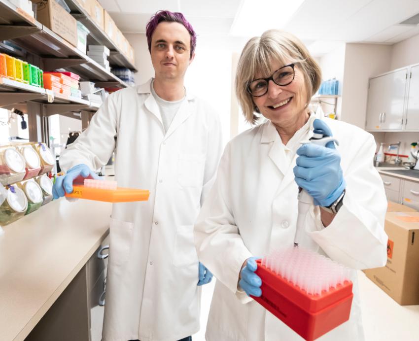 Zak Hutchinson and Anna Marsland in white lab coats, holding pipette tip boxes.