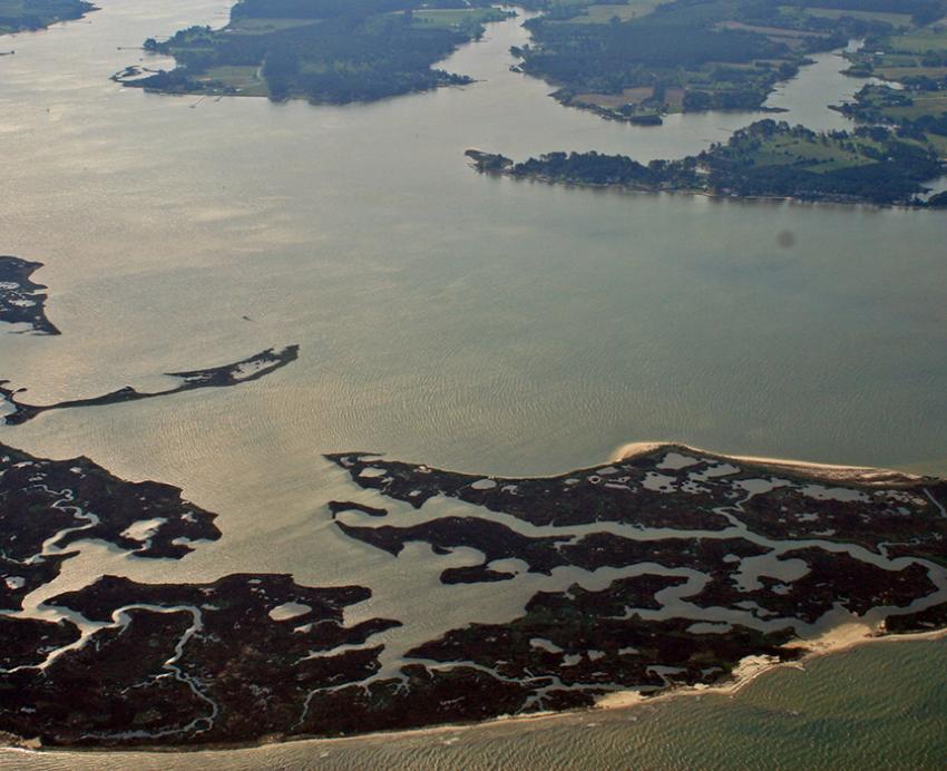 A drone shot of an estuary