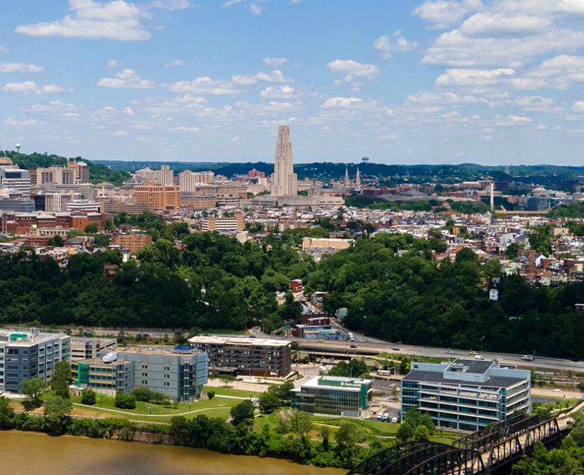 A drone shot of Oakland in Pittsburgh