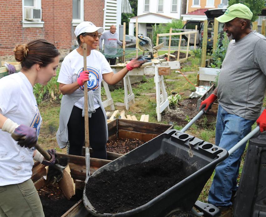 People shovel dirt from a wheelbarrow into planters