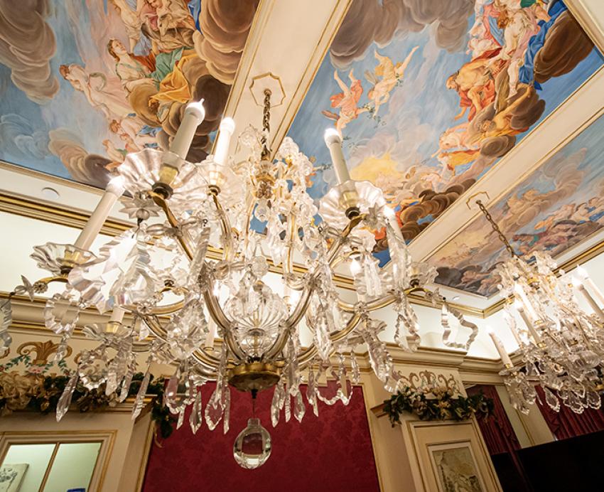 A chandelier in a Pitt Nationality Room