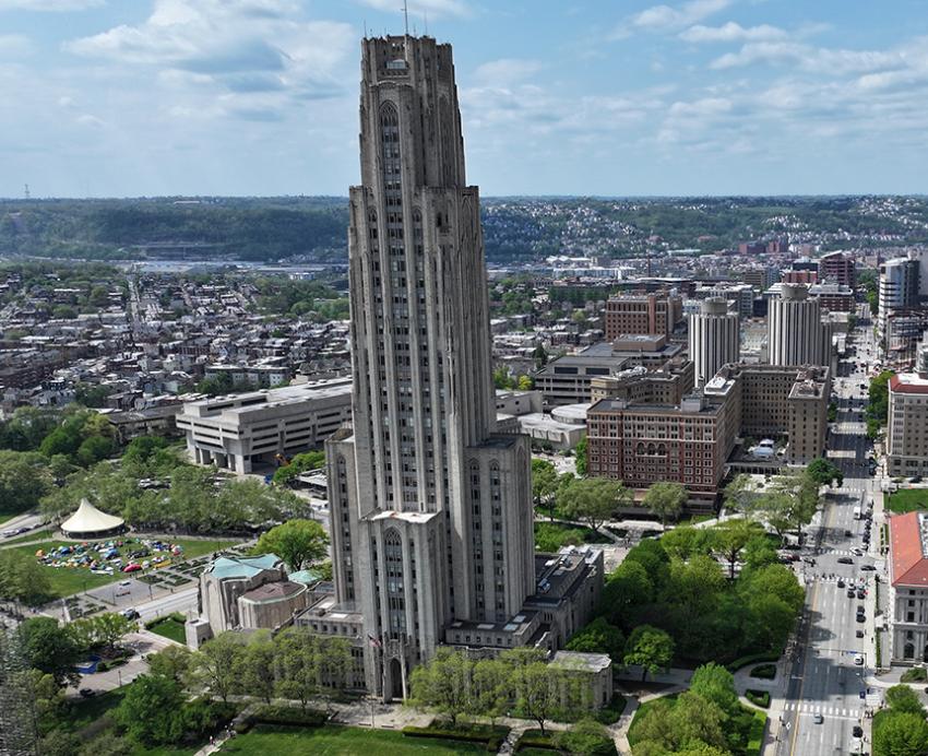 A drone shot of the Pittsburgh campus