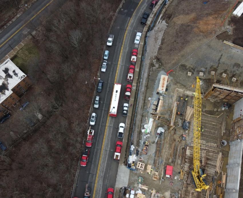 An aerial photo of construction on campus.
