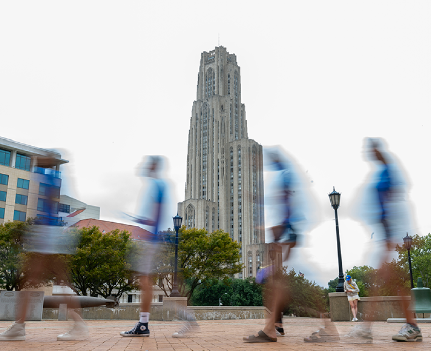 Cathedral of Learning, with blurry students in foreground