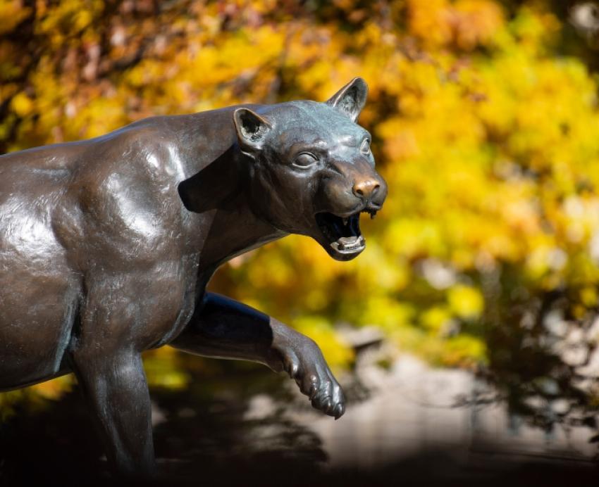 Panther statue outside of the William Pitt Union in the fall.