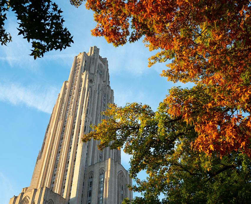 The Cathedral of Learning is framed by vibrant leaves in the fall.