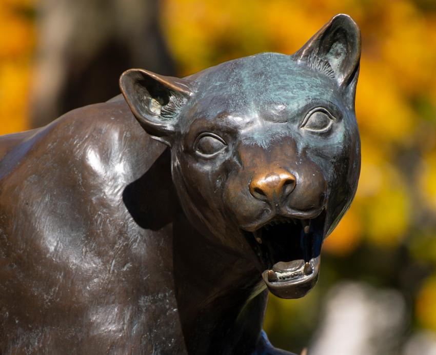 The Panther statue in the fall, set against yellow leaves.
