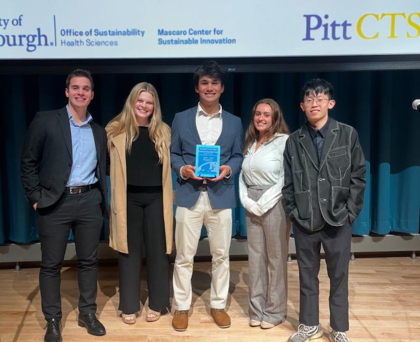 Recipients of the student award, William Schuck and his teammates Max Chiang, Marissa Varshine, Peter Vassil and Ellie Velasquez smile for a group portrait.