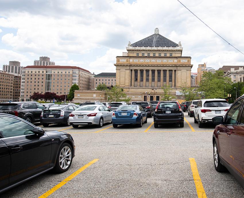 A parking lot near Soldiers and Sailors Memorial Hall