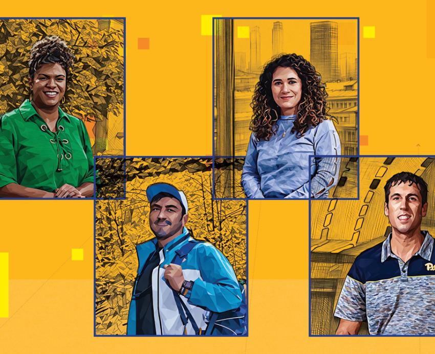 Artistic rendering of four portrait images on yellow background