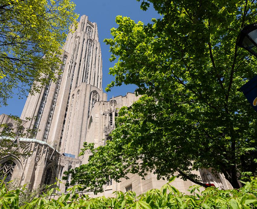 Cathedral of Learning with green summer foliage