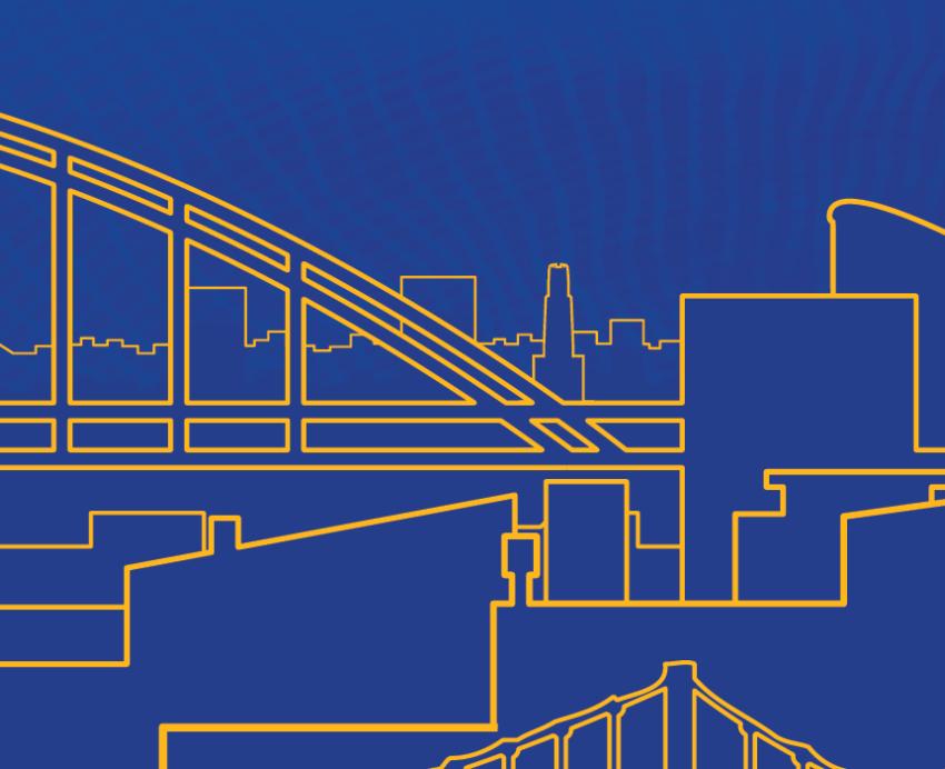 Blue and gold image of the city of Pittsburgh